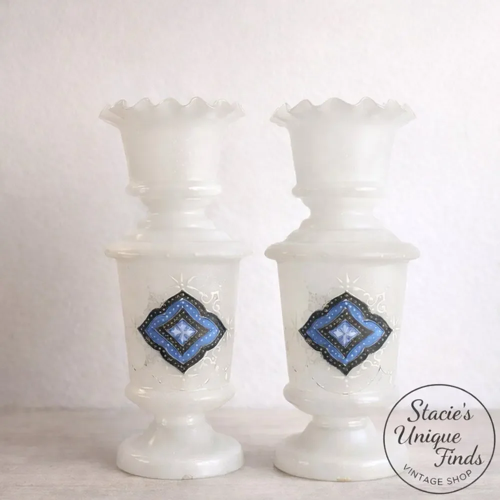 Vintage Pair Milk Glass Vases Blue Diamond Motif Ruffled Rim Art Glass